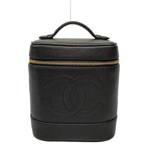 Auth CHANEL - A01998/X01503/94305 Black Calfskin Vanity Bag Gold hardware